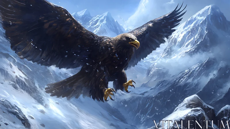 Majestic eagle soaring over snowy mountains in digital art style.