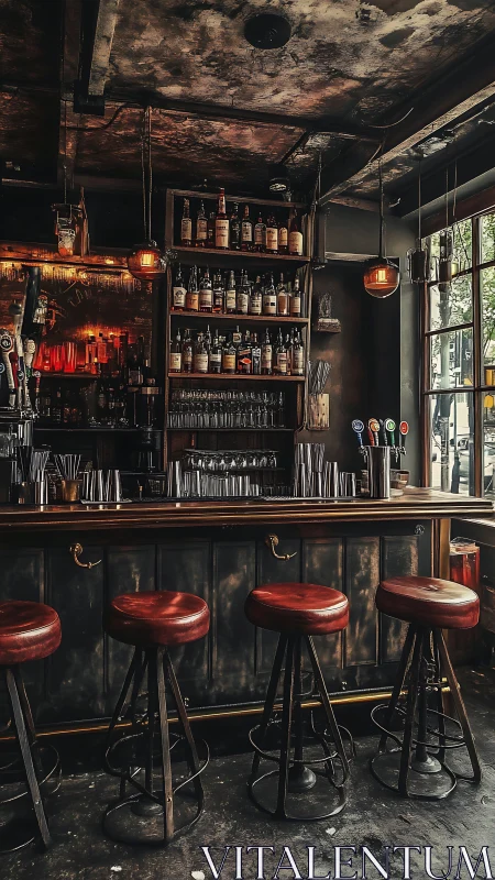 Industrial cocktail bar interior with worn red leather stools.