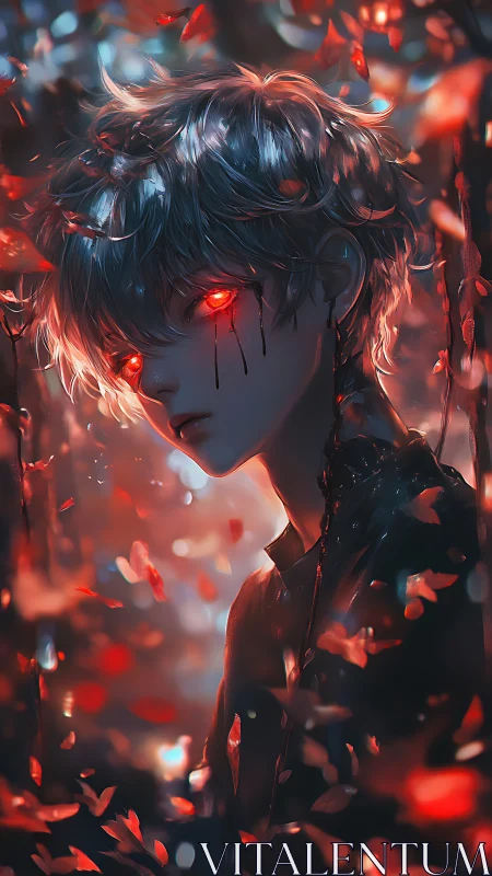 Red-eyed ethereal boy amid falling petals in moody bokeh.