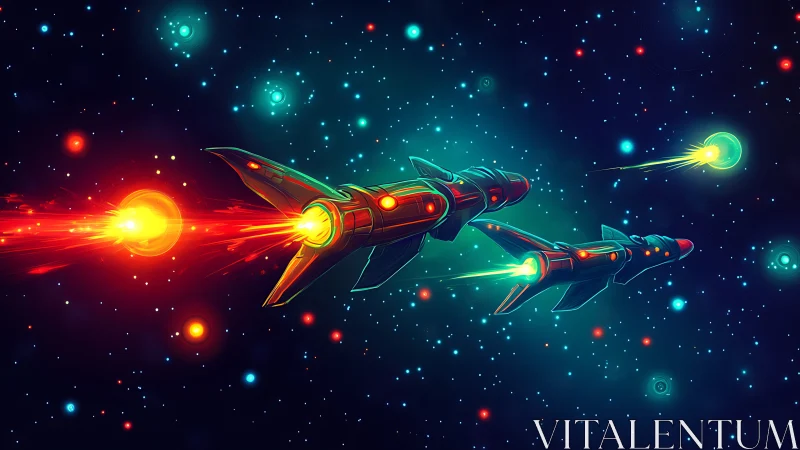 Retro rockets streak through colorful deep space scene.
