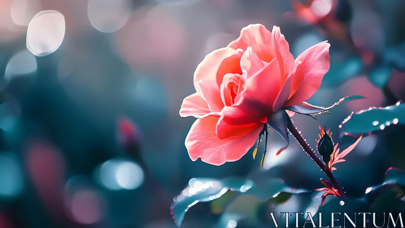 Single pink rose glows softly against dreamy teal bokeh