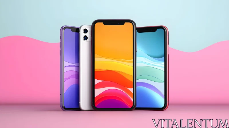 Three modern smartphones with colorful screens, minimalistic background.