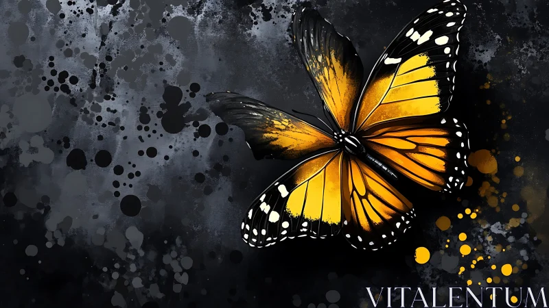 Bold monarch butterfly emerges over dark splattered canvas.