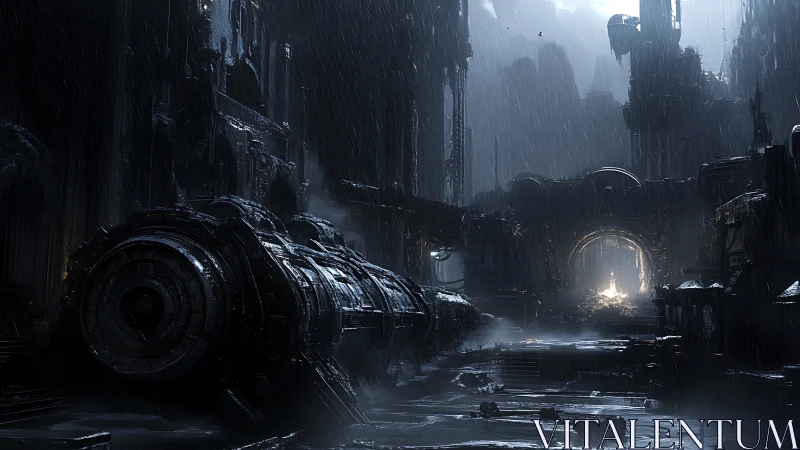 Rain-drowned sci fi ruins cradle a fallen orbital engine.