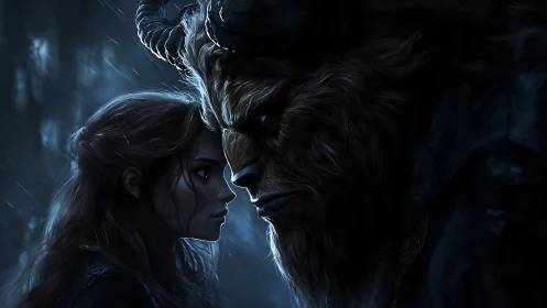 Woman meets horned beast under rainlit midnight sky.