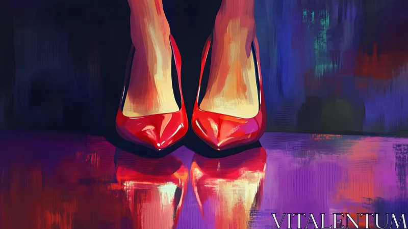 Bold red heels glowing against a dreamy painted night.