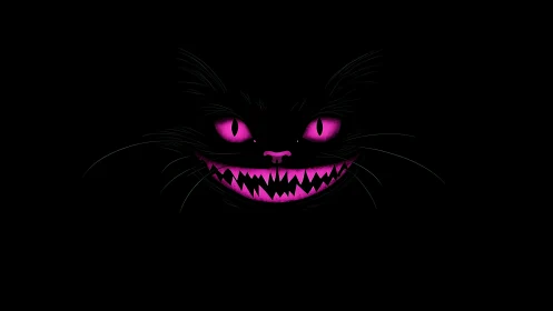Neon nightmare cat grins from the dark with wicked delight.