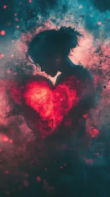 Silhouetted Figure with Incandescent Heart Emanating Particulate Light.