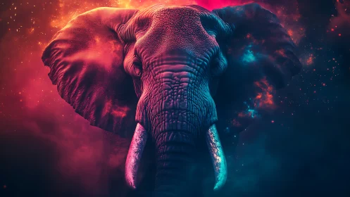 Celestial elephant emerges through neon cosmic embers of night.