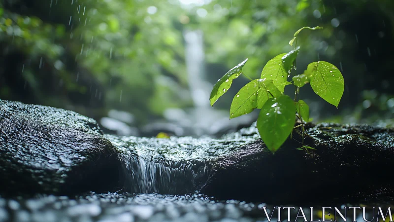 Young plant on wet rock beside clear forest stream.