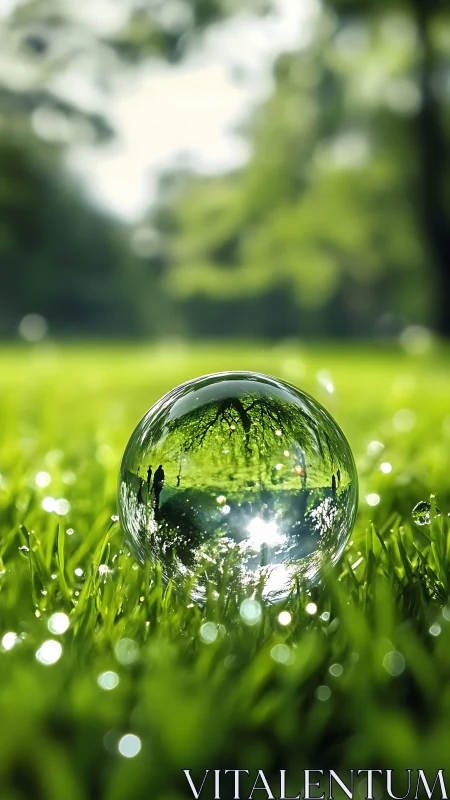 Crystal sphere on dewy grass reflecting sunlit trees.