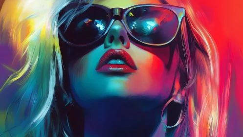 Neon-lit woman in sunglasses with vivid gradient glow.