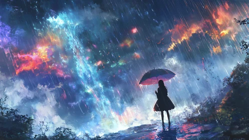 Girl under umbrella watches radiant cosmic rain cascade