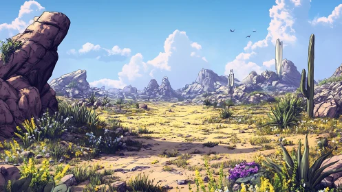 Sunlit desert valley renders stylized rocks and blooming flora