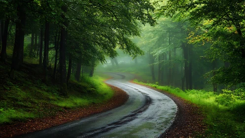 Winding Forest Path Through Misty Woodland.