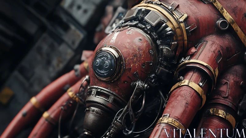 Rusty red mechanical octopus with cables and metal joints.