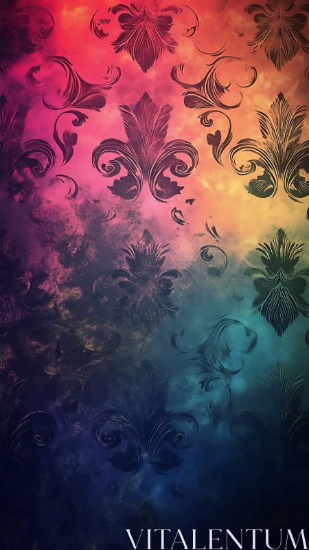 Ornate damask flourishes over radiant gradient field.