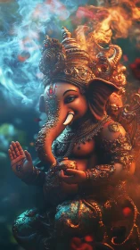 Digital depiction of Ganesha statue with smoke and lighting effects.