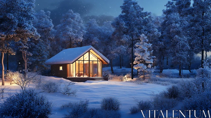 Winter forest hush cradles a lantern bright glass cabin