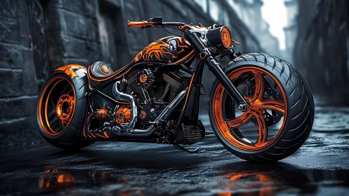 Custom black and orange chopper motorcycle on wet street.