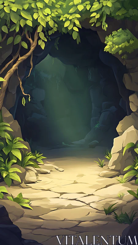 Enchanted Cave Entrance Illuminated by Magical Sunlight.