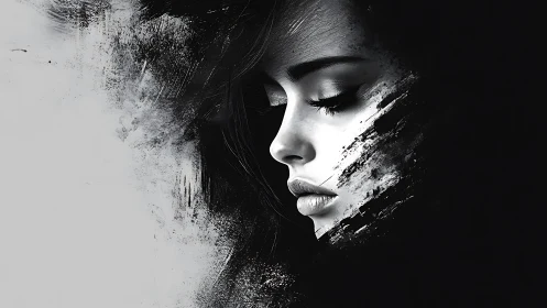 Softly lit portrait in swirling monochrome brushstrokes.