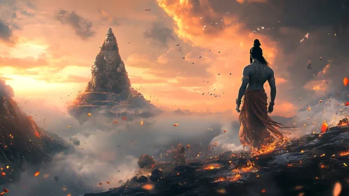 Pilgrim of fire walks toward a mountain dawn temple vision.