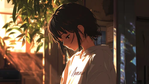 Girl stands in warm window light, looking down calmly