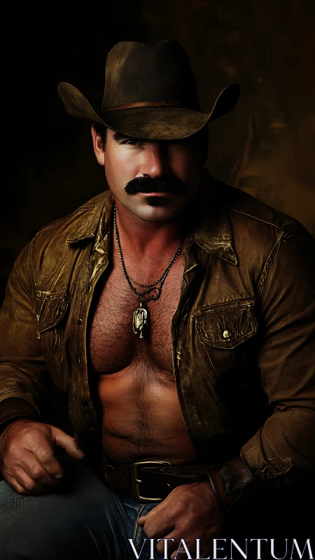 Cowboy portrait shows muscular man in leather jacket open