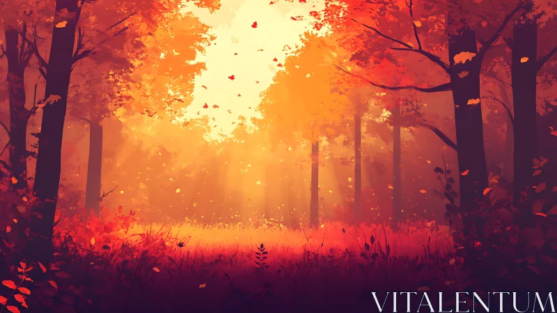 Forest landscape with autumn foliage and atmospheric light rays