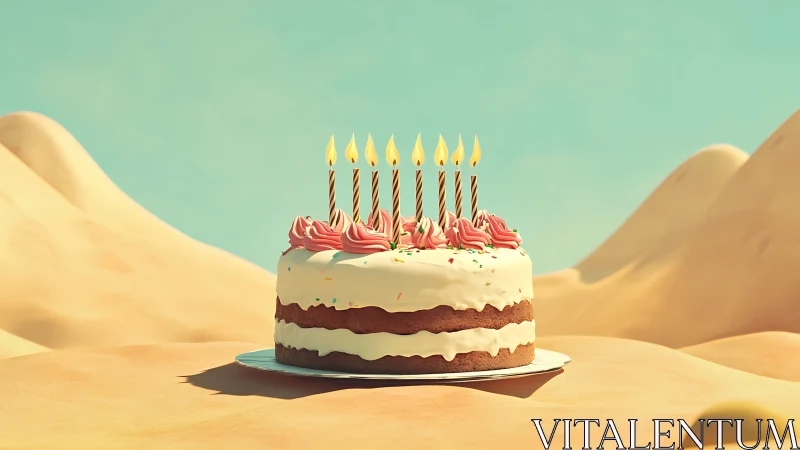 Layered birthday cake with lit candles positioned in sandy desert landscape.