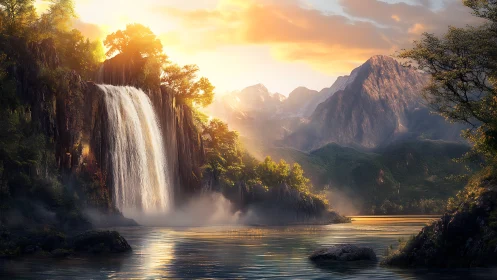 Waterfall and mountain lake at low sun over forested valley.