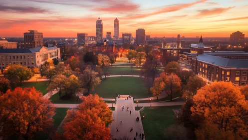 Central campus lawn aligns with urban skyline at sunset