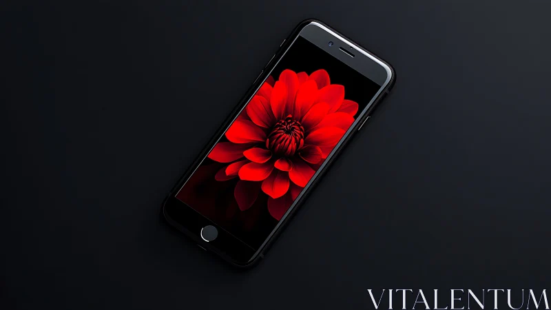 Smartphone display features red dahlia flower on dark background