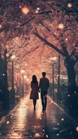 Silhouetted Couple Walking Cherry Blossom Tree-Lined Avenue at Golden Hour