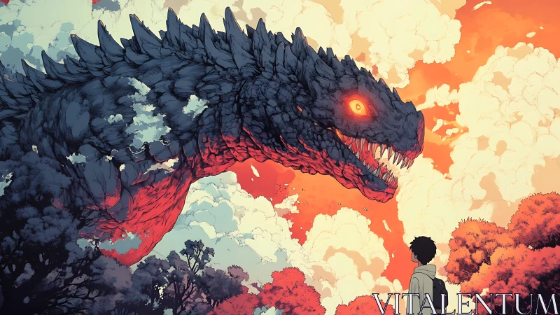 Giant reptilian creature confronts lone figure under orange sky