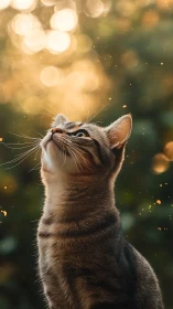 Tabby Cat Gazing Upward at Golden Bokeh Lights