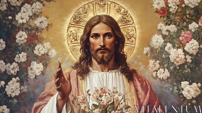 Sacred portrait with gilded halo, floral motifs and frontal blessing