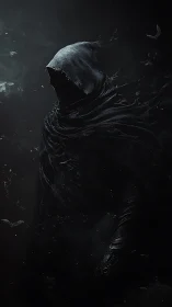 Shrouded wraith in tattered hooded cloak dissolves into darkness.