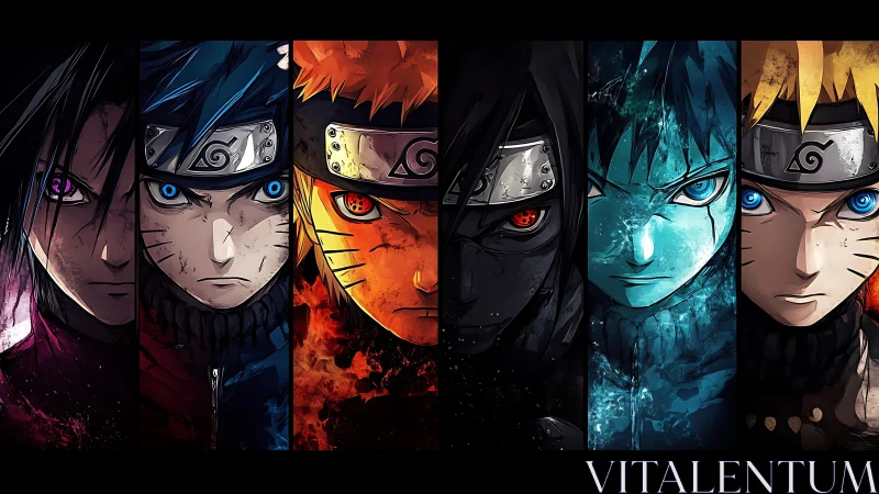 Intense split-panel ninja portraits in dramatic anime style.