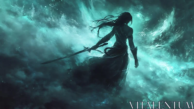 Warrior in teal stormlight confronts swirling cosmic chaos.