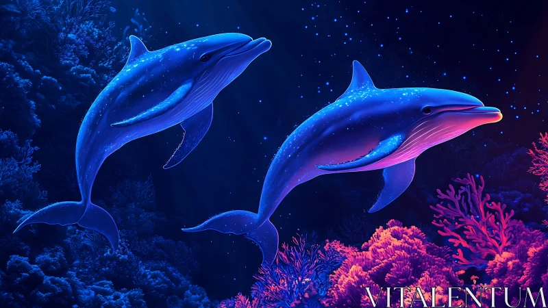 Neon blue dolphins swimming over glowing coral reef scene.