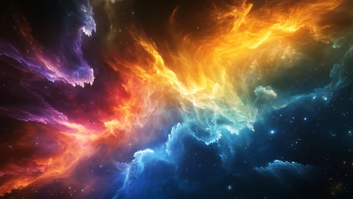 Vibrant multicolor nebula clouds spread across deep space.