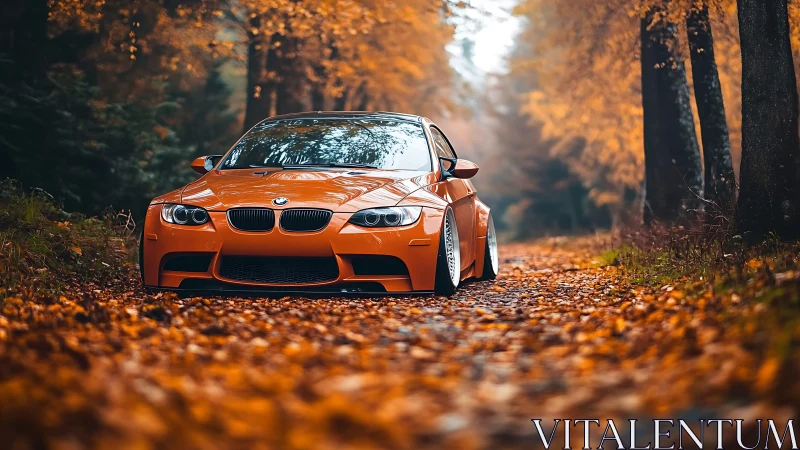 Low-slung orange BMW performance coupe on autumn forest track.