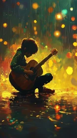 Backlit child guitarist kneels in reflective rain-soaked street