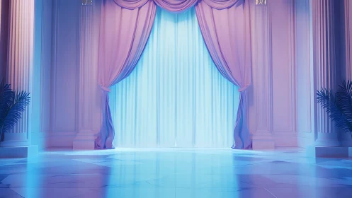 Dreamy pastel ballroom doorway glowing with soft blue light.