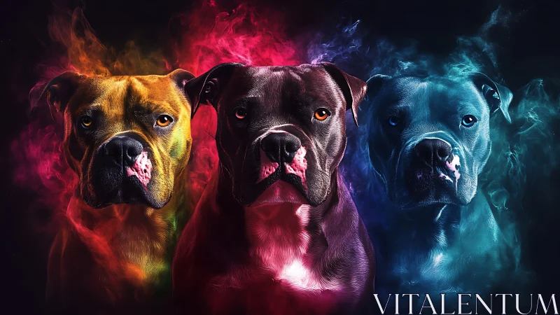 Tri-color pitbull portraits glow in neon smoke and shadow