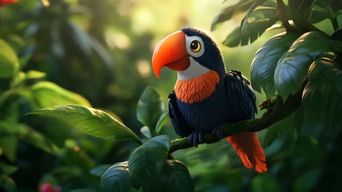Cheerful cartoon toucan perched on lush jungle branch at sunrise.
