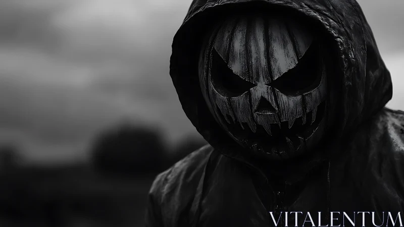Hooded pumpkin-headed figure in dark monochrome horror scene.