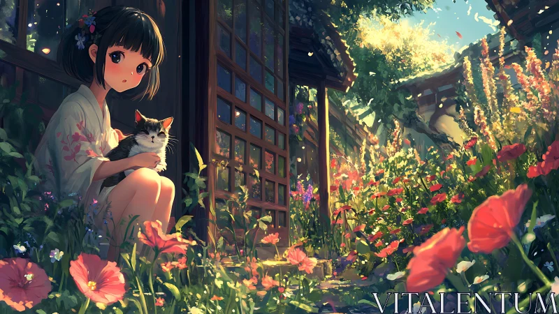 Girl holds cat on wooden porch overlooking dense flower garden